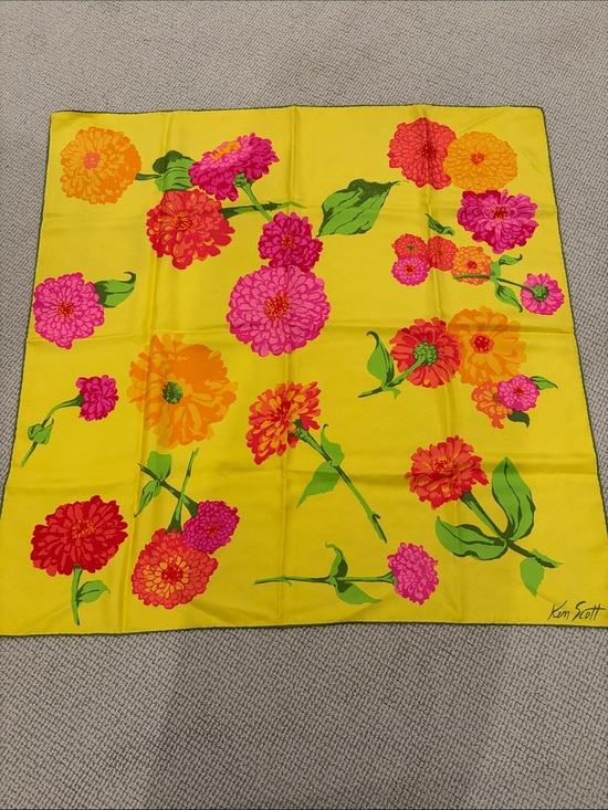 Ken Scott Accessories - Vintage Ken Scott Bright Yellow Floral Scarf with Pink Orange Red Blooms